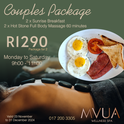 Mvua Couples Package for December. Hot Stone Massage and Breakfast